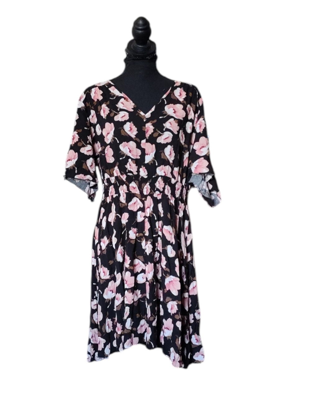 Black Midi Dress with Pink Floral Print and V-Neck
